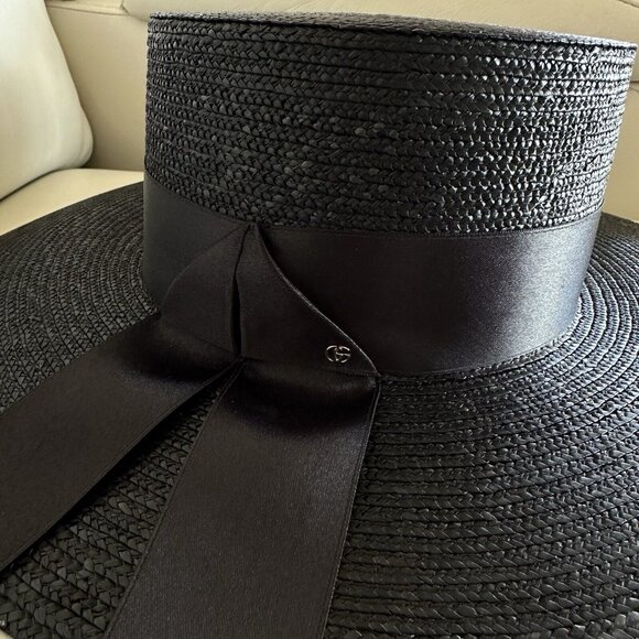 NWT GUCCI Straw Hat Black Ribbon How GG Sz L - Picture 6 of 12